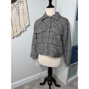 Le AL.X Women's Black White Blue Cabin Houndstooth Plaid Wool Cropped Jacket S